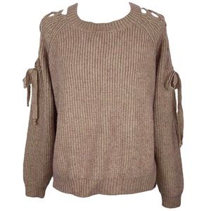 M/L Adeline Taupe Tan Chunky Cable Knit Cold Shoulder Lace Up Side Slit Sweater